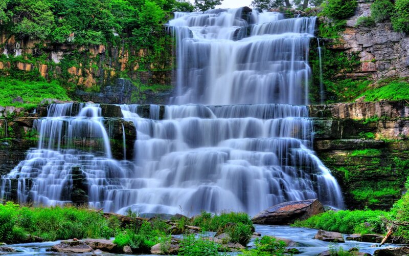 Tiered Waterfall — Green, Serene, Afternoon