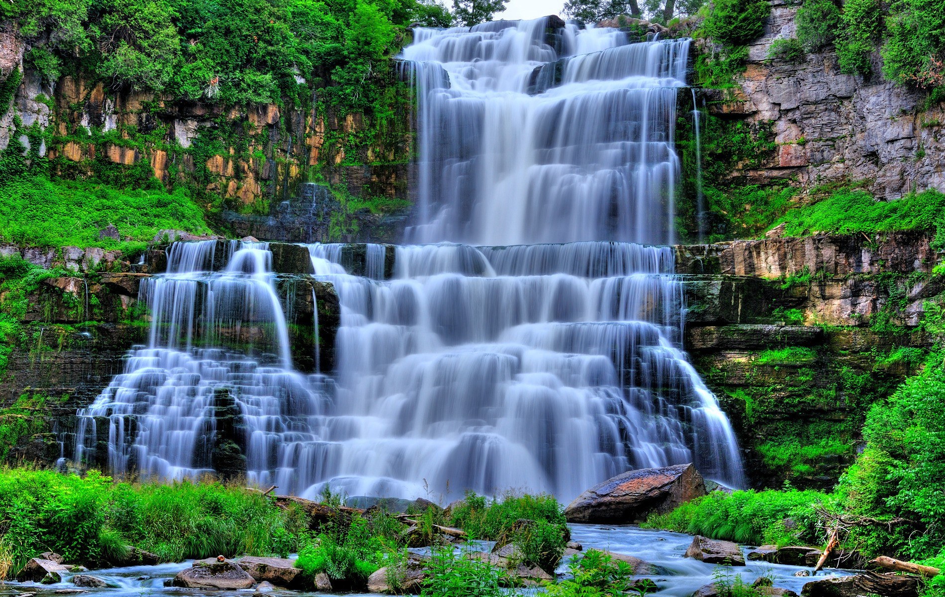Tiered waterfall in forest