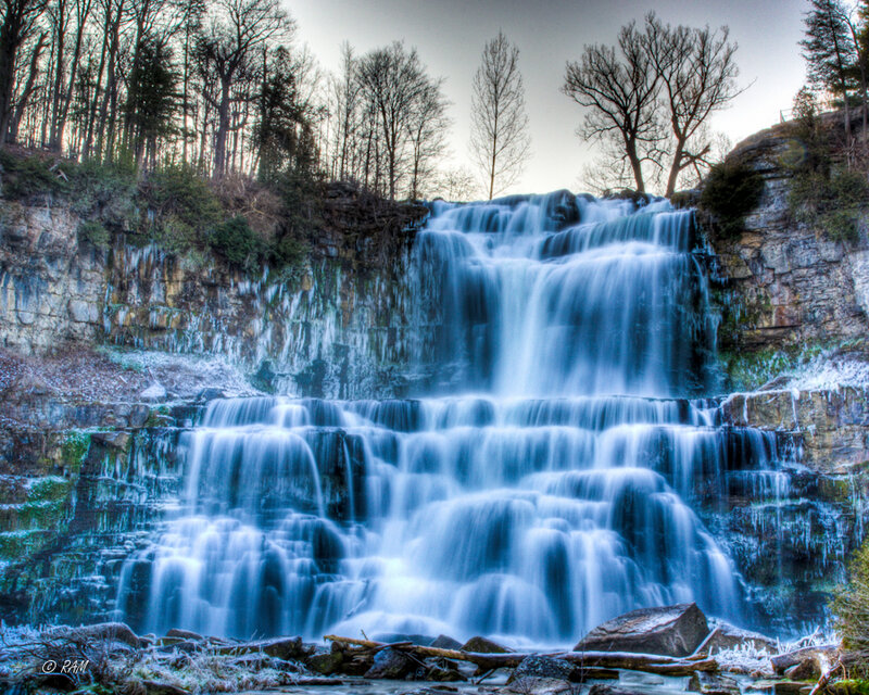 Tiered Waterfall in Forest — Blue, Dramatic
