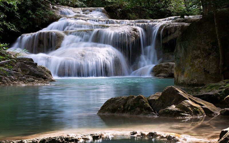 Tiered Waterfall in Forest — Blue, Serene, Afternoon