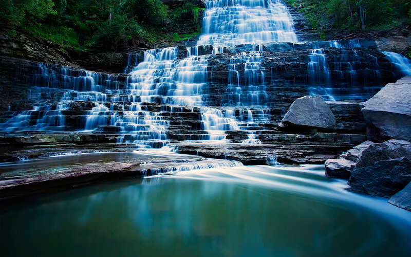 Tiered Waterfall in Forest — Blue, Serene