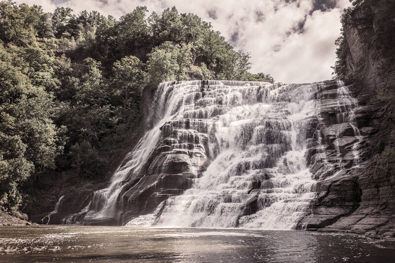 Tiered Waterfall in Forest — Brown, Dramatic