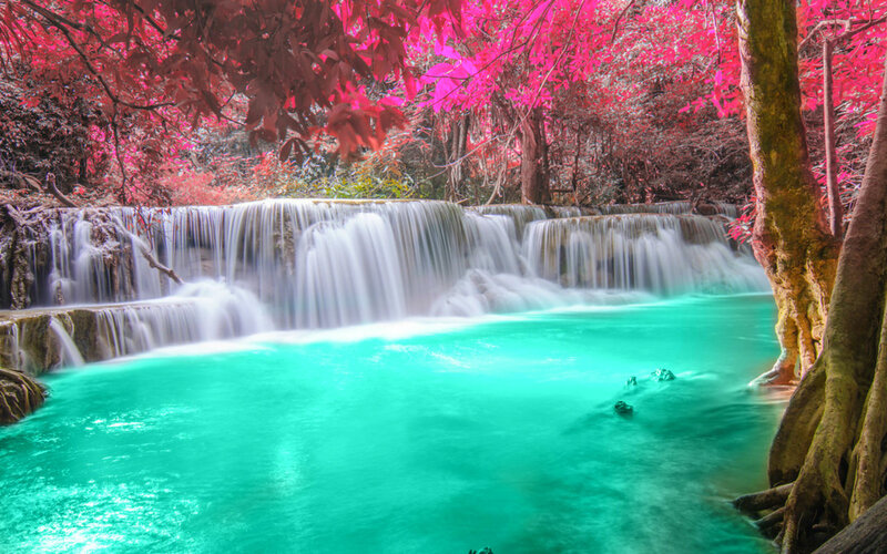 Tiered Waterfall in Forest — Cyan, Serene