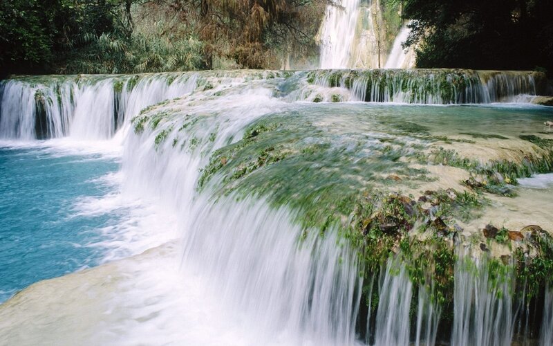 Tiered Waterfall in Forest — Green, Serene, Afternoon, Photograph, River, Rocks