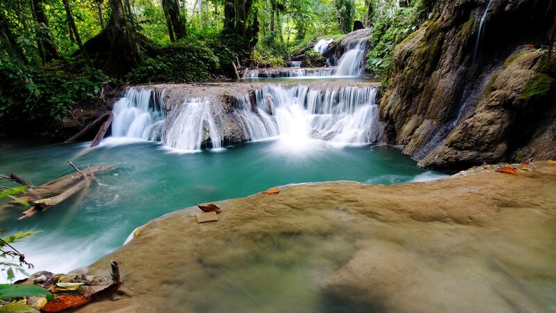 Tiered Waterfall in Forest — Green, Serene, Afternoon, Photograph, River, Rocks, Trees