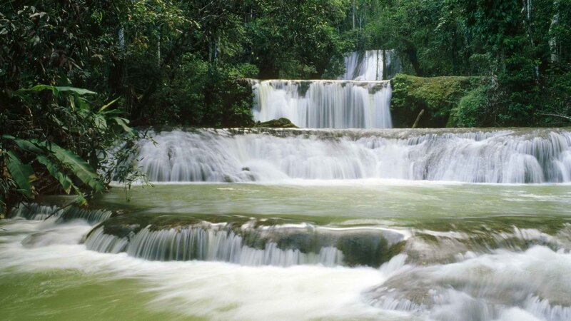 Tiered Waterfall in Forest — Green, Serene, Afternoon, Photograph, River, Rocks, White, Brown