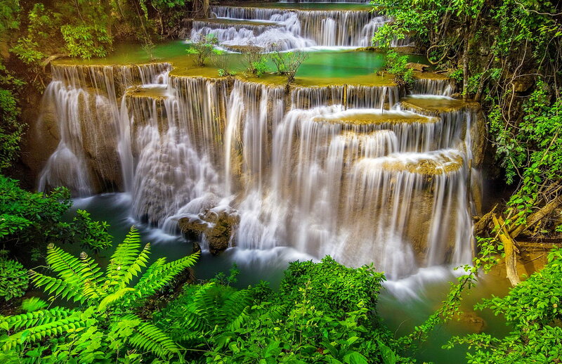 Tiered Waterfall in Forest — Green, Serene, Afternoon, Photograph, Rocks, Plants