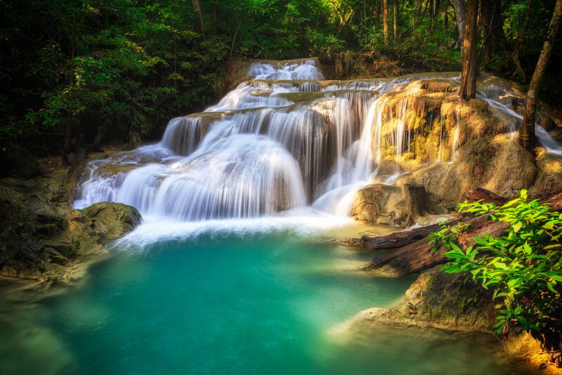 Tiered Waterfall in Forest — Green, Serene, Afternoon, Photograph, Rocks, Pool, Plants