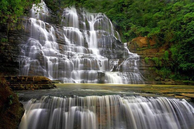 Tiered Waterfall in Forest — Green, Serene, Afternoon, Photograph, Rocks, Pool