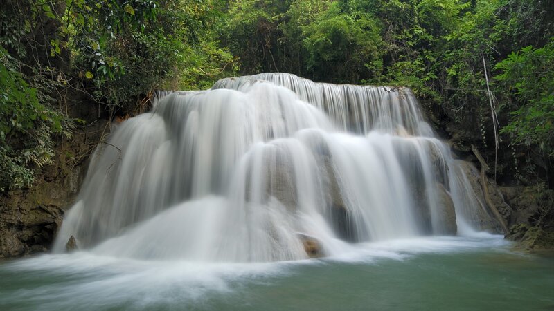 Tiered Waterfall in Forest — Green, Serene, Afternoon, Photograph, Rocks, Pool, White