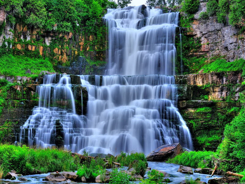 Tiered Waterfall in Forest — Green, Serene, Afternoon, Photograph, Rocks, River