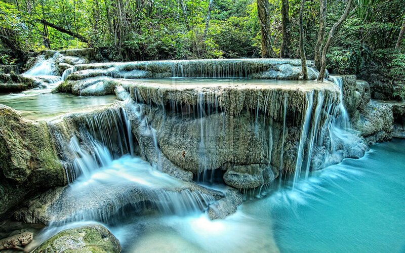 Tiered Waterfall in Forest — Green, Serene, Afternoon, Photograph, Rocks, Trees