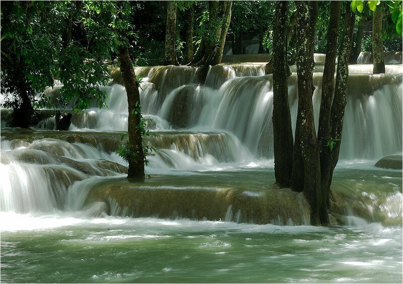 Tiered Waterfall in Forest — Green, Serene, Afternoon, Photograph