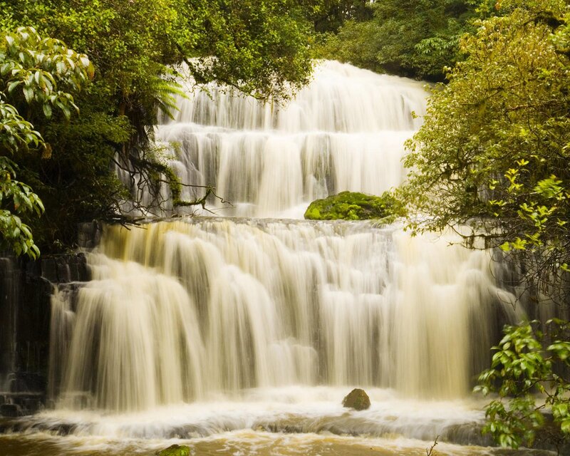 Tiered Waterfall in Forest — Green, Serene, Afternoon, Photograph, Trees, Moss, Rocks