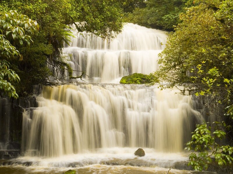 Tiered Waterfall in Forest — Green, Serene, Afternoon, Photograph, Trees, Moss, Rocks, White