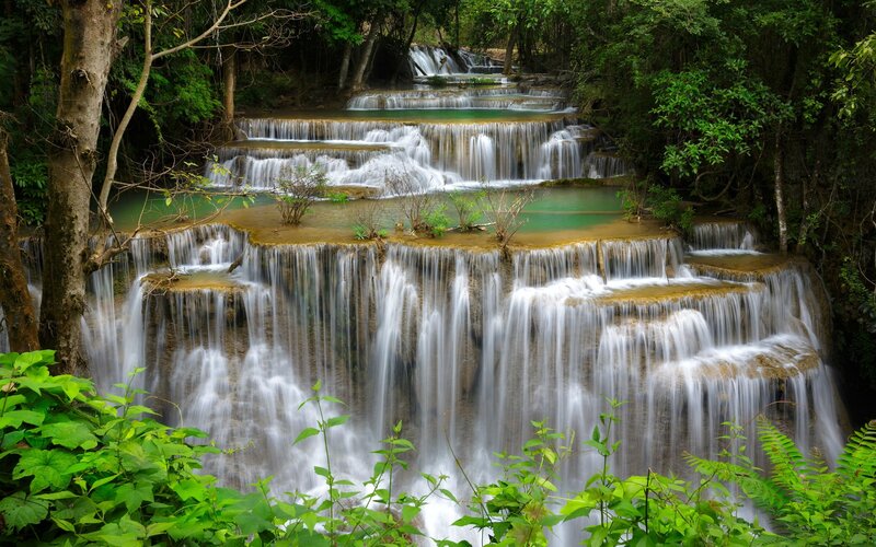 Tiered Waterfall in Forest — Green, Serene, Afternoon, Photograph, Trees, Plants, Rocks