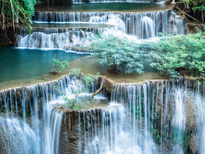 Tiered Waterfall in Forest — Green, Serene, Afternoon, Photograph, Trees, Plants