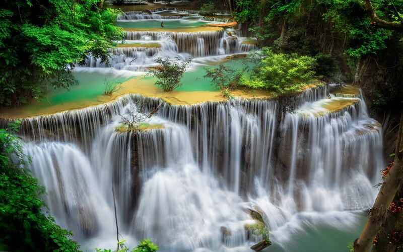 Tiered Waterfall in Forest — Green, Serene, Afternoon, Photograph, Trees, River, Rocks, Plants