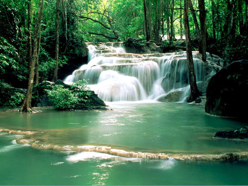 Tiered Waterfall in Forest — Green, Serene, Afternoon, Photograph, Trees, River, Rocks