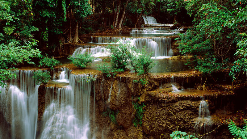Tiered Waterfall in Forest — Green, Serene, Afternoon, Photograph, Trees, Rocks, Plants