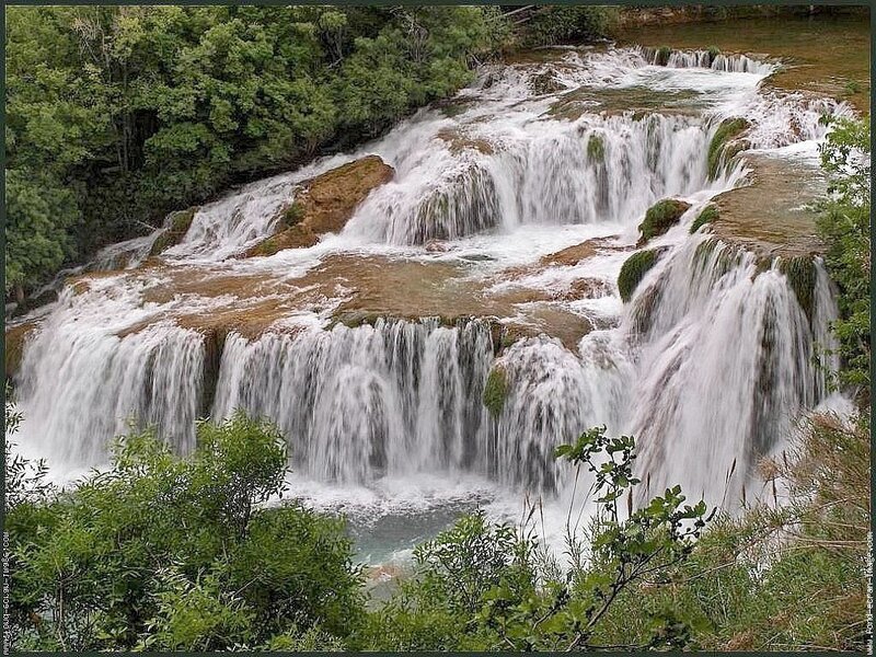 Tiered Waterfall in Forest — Green, Serene, Afternoon, Photograph, Trees, Rocks, River