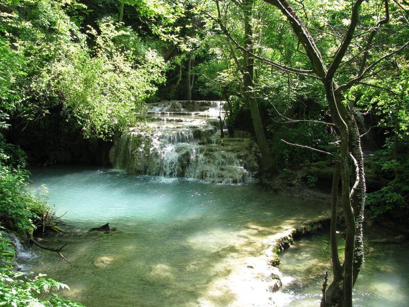 Tiered Waterfall in Forest — Green, Serene, Afternoon, Photograph, Trees, Stream, Rocks, Blue