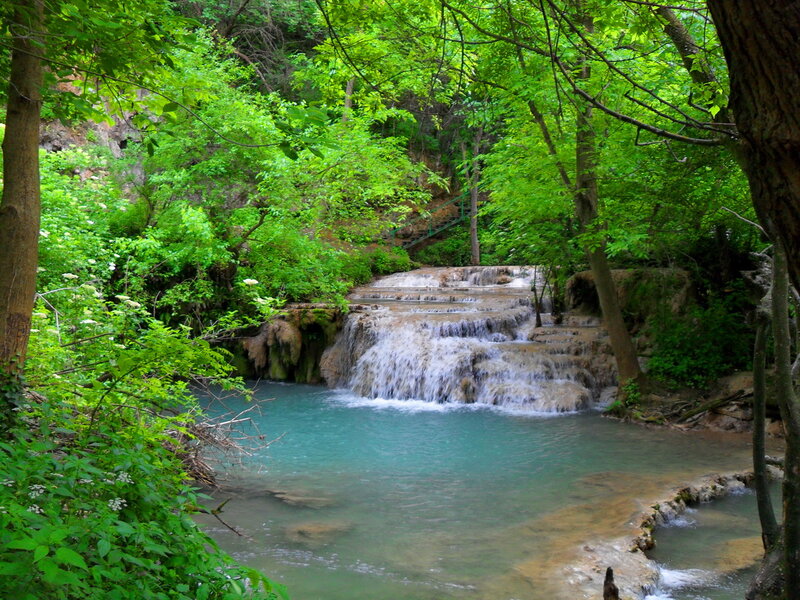 Tiered Waterfall in Forest — Green, Serene, Afternoon, Photograph, Trees, Stream, Rocks