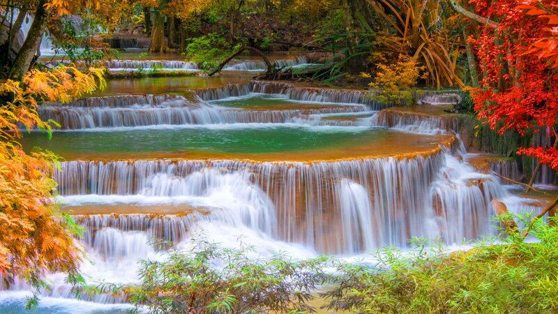 Tiered Waterfall in Forest — Green, Serene, Autumn, Photograph, Trees, Falling Water