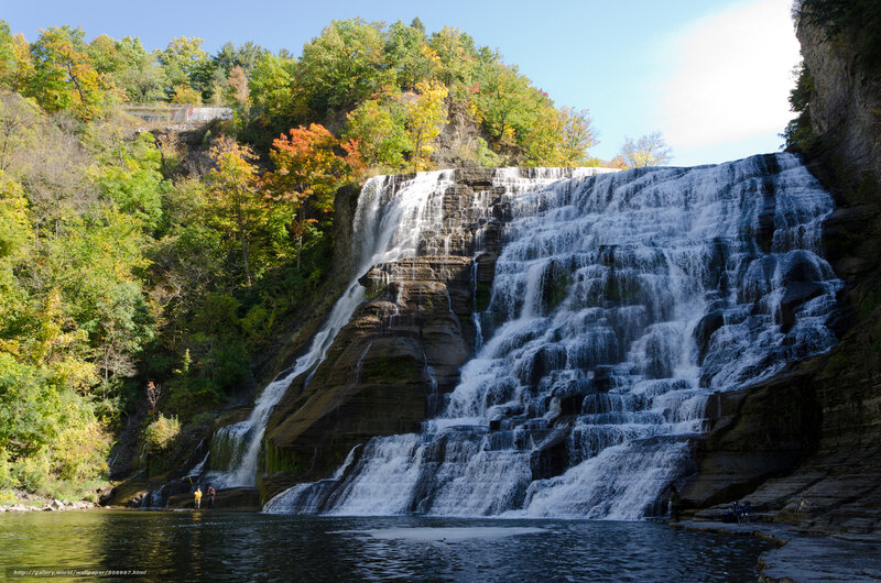 Tiered Waterfall in Forest — Green, Serene, Autumn, Photograph, Trees, River