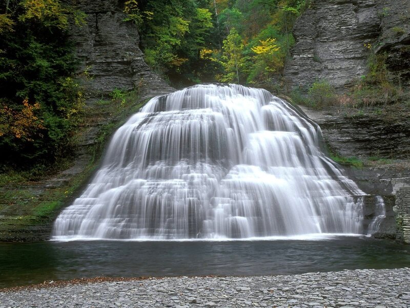 Tiered Waterfall in Forest — Green, Serene, Autumn, Photograph, Trees, Rocks, Pool, Gray