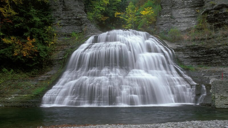 Tiered Waterfall in Forest — Green, Serene, Autumn, Photograph, Trees, Rocks, Pool