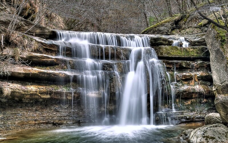 Tiered Waterfall in Forest — Green, Serene, Autumn, Photograph, Trees, Rocks
