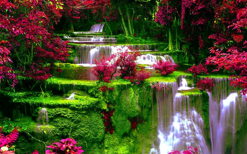 Tiered Waterfall in Forest — Green, Serene, Digital Art