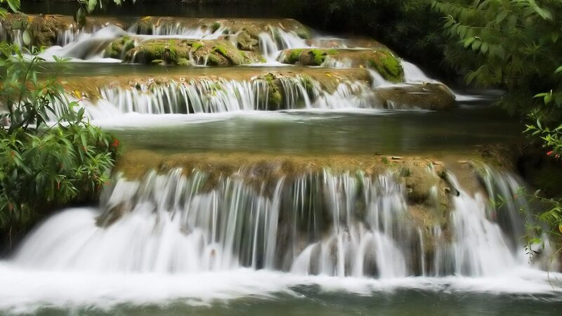 Tiered Waterfall in Forest — Green, Serene, Photograph, Moss