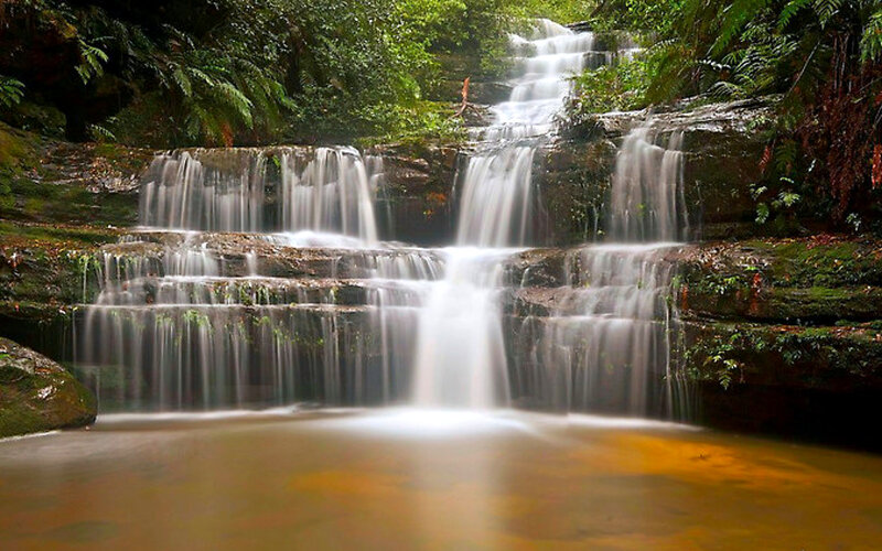Tiered Waterfall in Forest — Green, Serene, Photograph, Rocks
