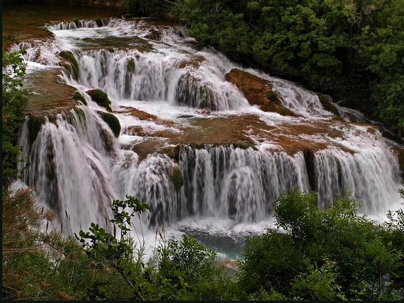 Tiered Waterfall in Forest — Green, Serene, Photograph