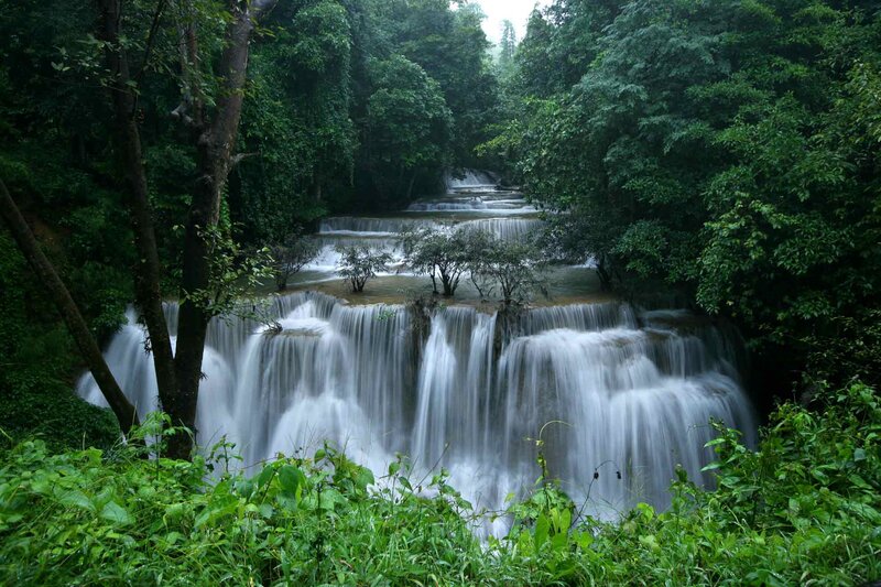 Tiered Waterfall in Forest — Green, Serene, Photograph, Trees, River