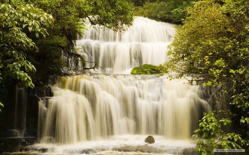 Tiered Waterfall in Forest — Green