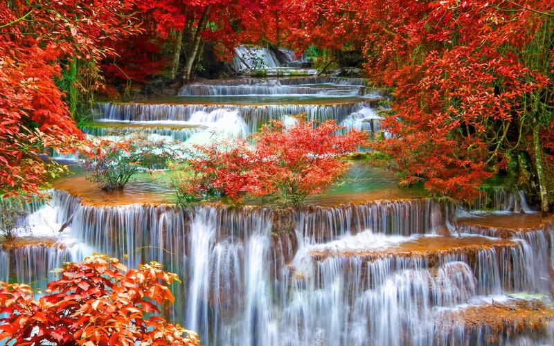 Tiered Waterfall in Forest — Red