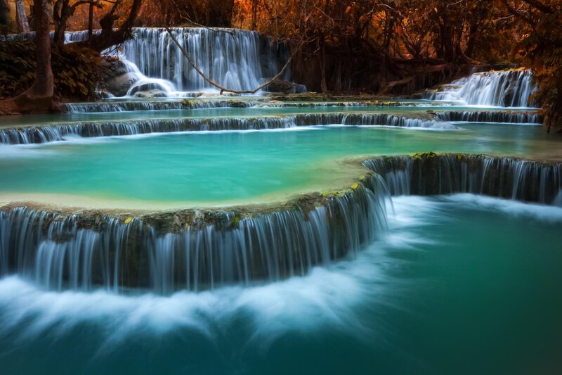 Tiered Waterfall in Forest — Turquoise, Serene