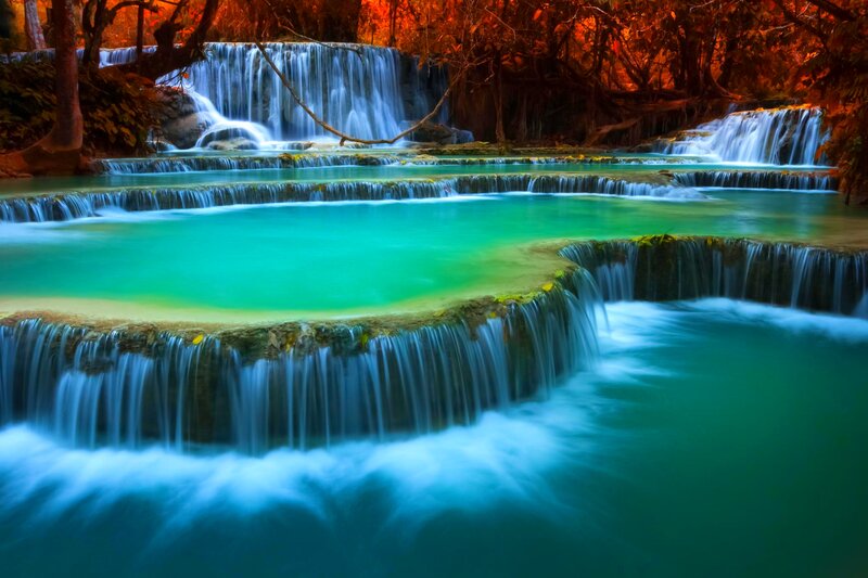 Tiered Waterfall in Forest — Turquoise