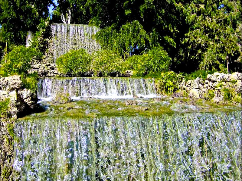 Tiered Waterfall in Garden — Green, Serene