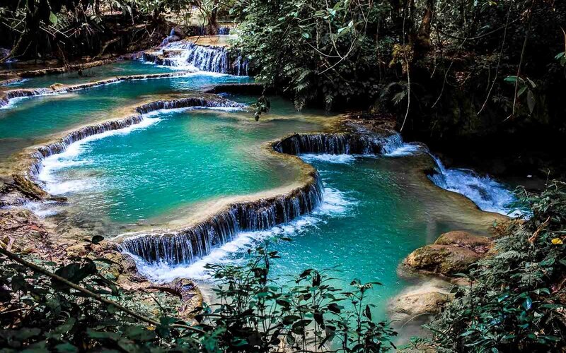 Tiered Waterfall in Jungle — Green