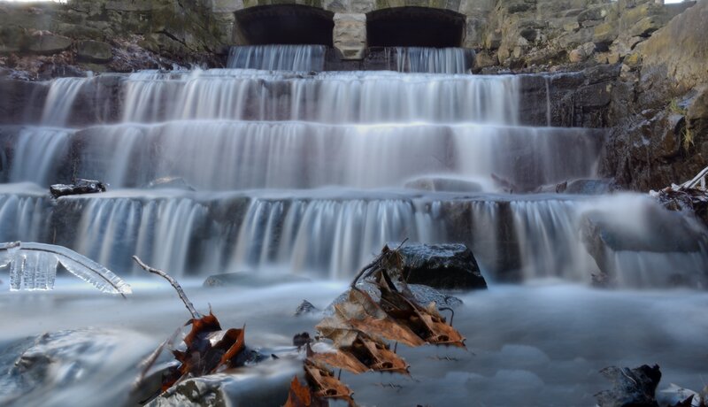 Tiered Waterfall with Leaves