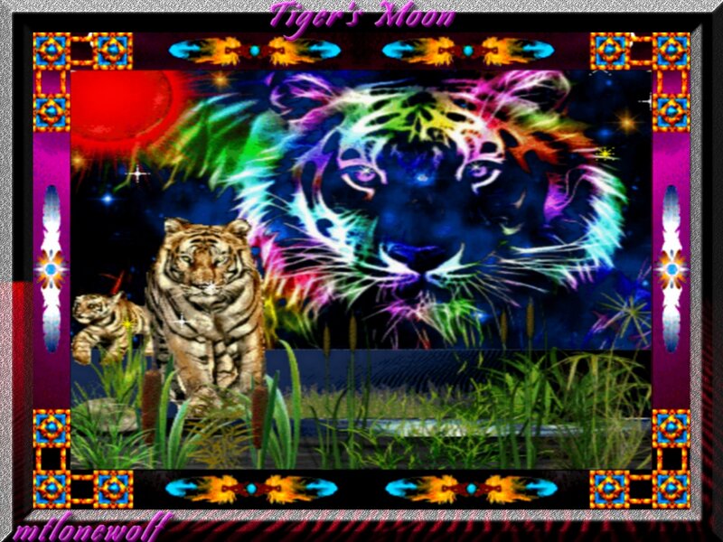 Tiger and Cub in Grass — Purple