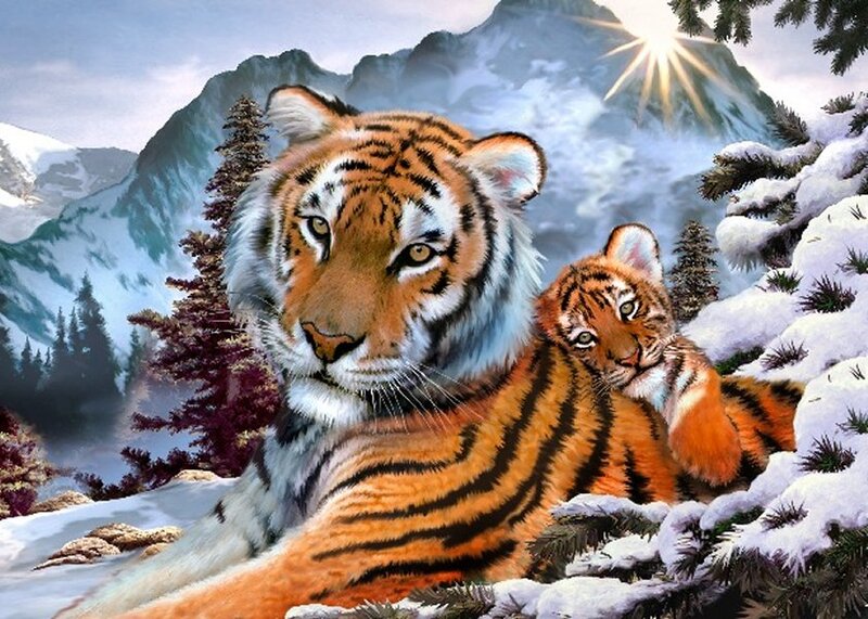 Tiger and Cub in Snow — Orange, Serene, Winter