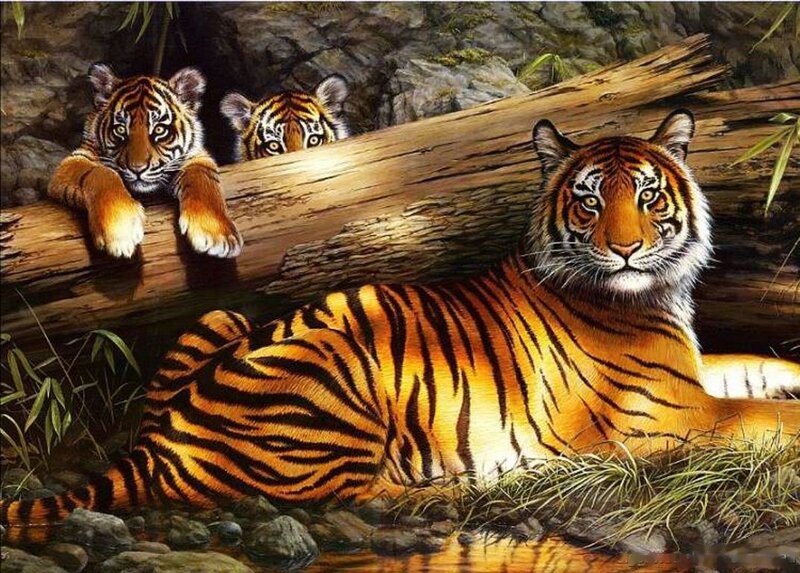 Tiger and Cubs — Orange, Calm, Painting