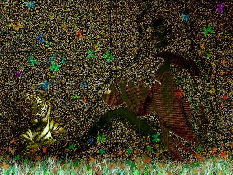 tiger and figure in psychedelic art