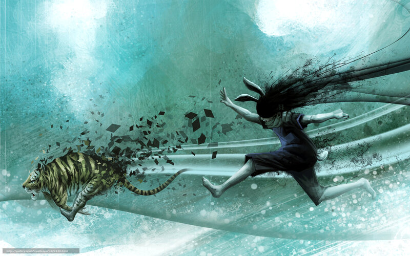 Tiger and rabbit girl in motion