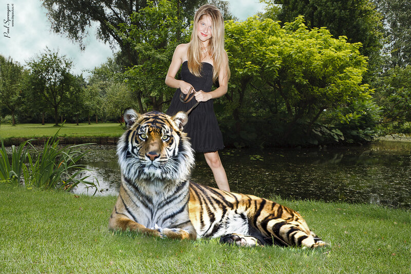 Tiger and Woman on Grass